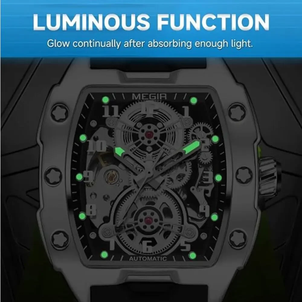 MEGIR Automatic Mechanical Watch 43x50mm Alloy Case 3ATM Water Resistant NEW